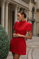 Women’s Mini Dress – Tailored Fit – Puff Sleeves – Open Back with Bow and Buttons by Lumina Vancouver