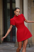 Women’s Mini Dress – Tailored Fit – Puff Sleeves – Open Back with Bow and Buttons by Lumina Vancouver