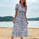 Women's Midi Dress - Floral Print - V-Neck - Puff Sleeves - Fitted Waist - Ruffle Hem by Lumina Vancouver
