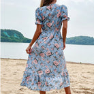 Women's Midi Dress - Floral Print - V-Neck - Puff Sleeves - Fitted Waist - Ruffle Hem by Lumina Vancouver