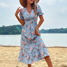 Women's Midi Dress - Floral Print - V-Neck - Puff Sleeves - Fitted Waist - Ruffle Hem by Lumina Vancouver