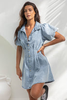 Women's Denim Mini Dress - Button Down - Puff Sleeve - A-Line Fit - Shirt Collar by Lumina Vancouver