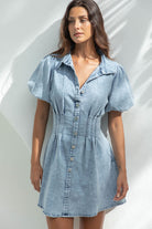 Women's Denim Mini Dress - Button Down - Puff Sleeve - A-Line Fit - Shirt Collar by Lumina Vancouver