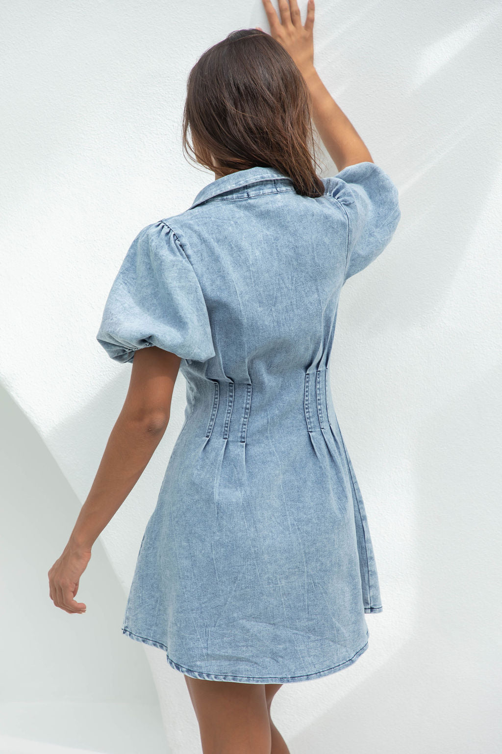 Women's Denim Mini Dress - Button Down - Puff Sleeve - A-Line Fit - Shirt Collar by Lumina Vancouver