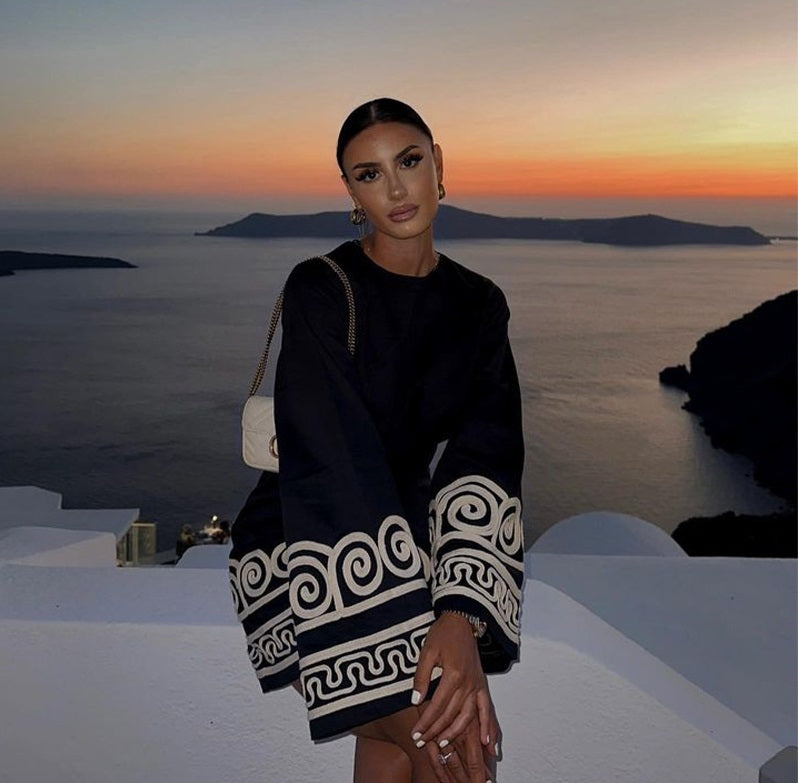 Women's Dress - Loose Fit - Long Flared Sleeves - Geometric Pattern Elegant Style by Lumina Vancouver