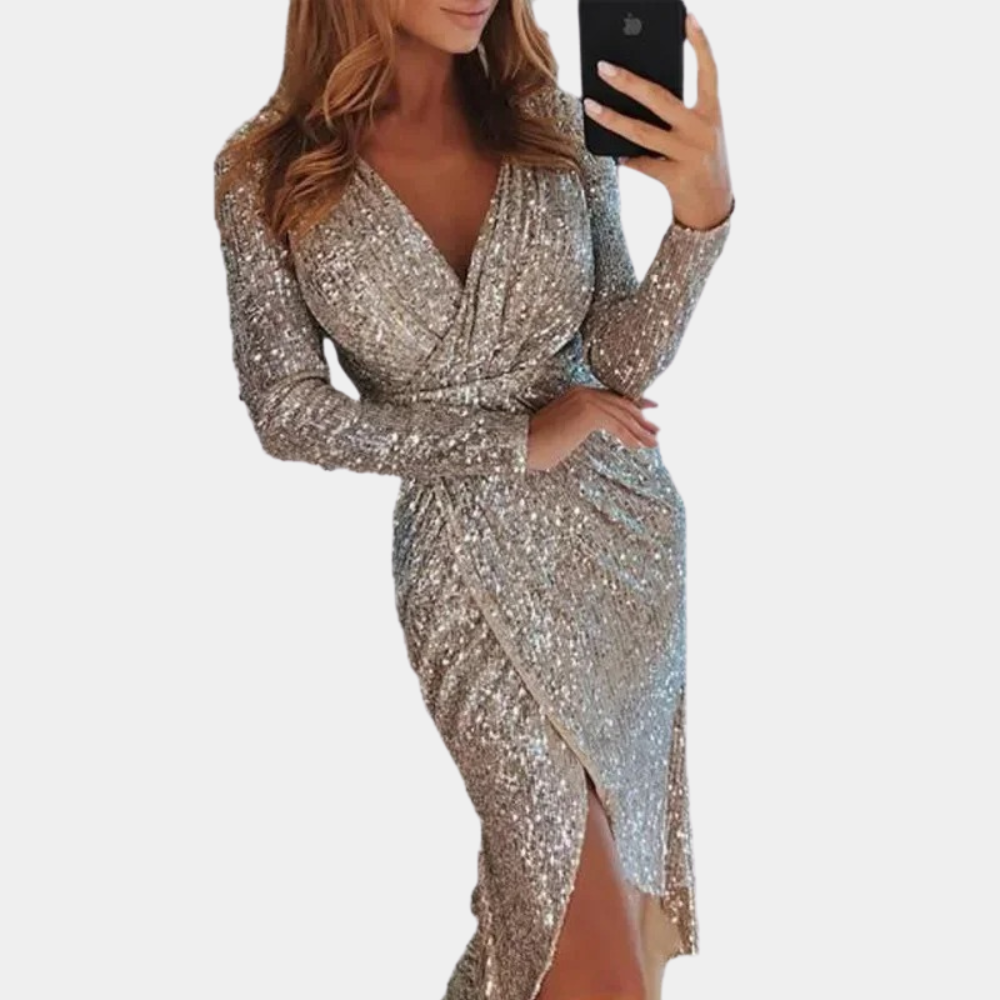 Women's Sequin Dress - Wrap Style - V-Neck - Long Sleeve - Fitted Silhouette - Slit Detail by Lumina Vancouver