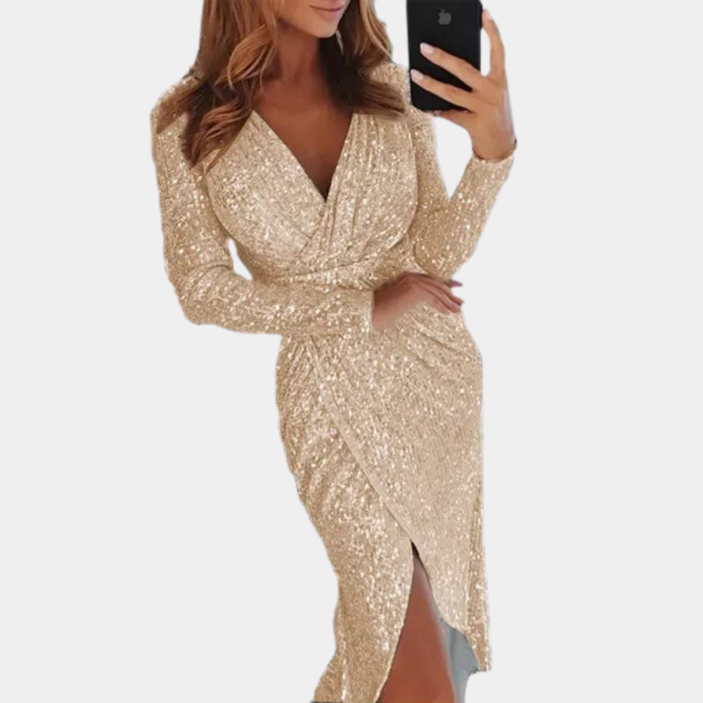 Women's Sequin Dress - Wrap Style - V-Neck - Long Sleeve - Fitted Silhouette - Slit Detail by Lumina Vancouver