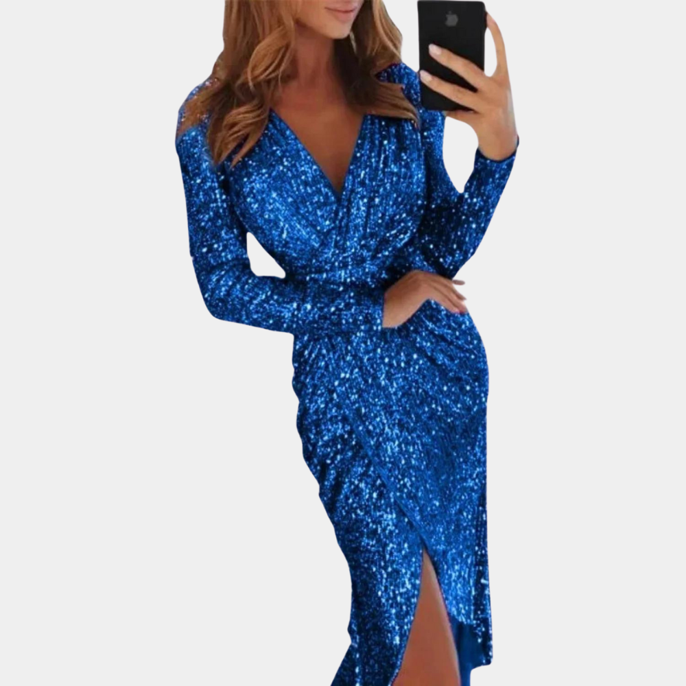 Women's Sequin Dress - Wrap Style - V-Neck - Long Sleeve - Fitted Silhouette - Slit Detail by Lumina Vancouver