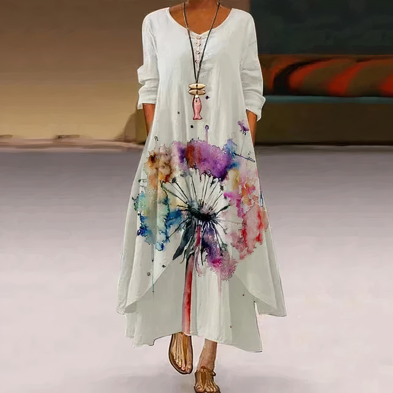 Women's Casual Dress - Relaxed Fit - Long Sleeve - Button Detail - Asymmetrical Hem by Lumina Vancouver