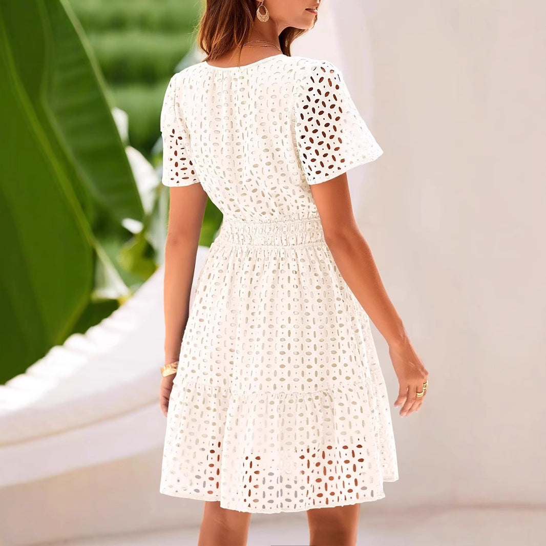 Women’s A-Line Dress – V-Neck – Eyelet Cotton Blend – Short Sleeve – Midi Length by Lumina Vancouver