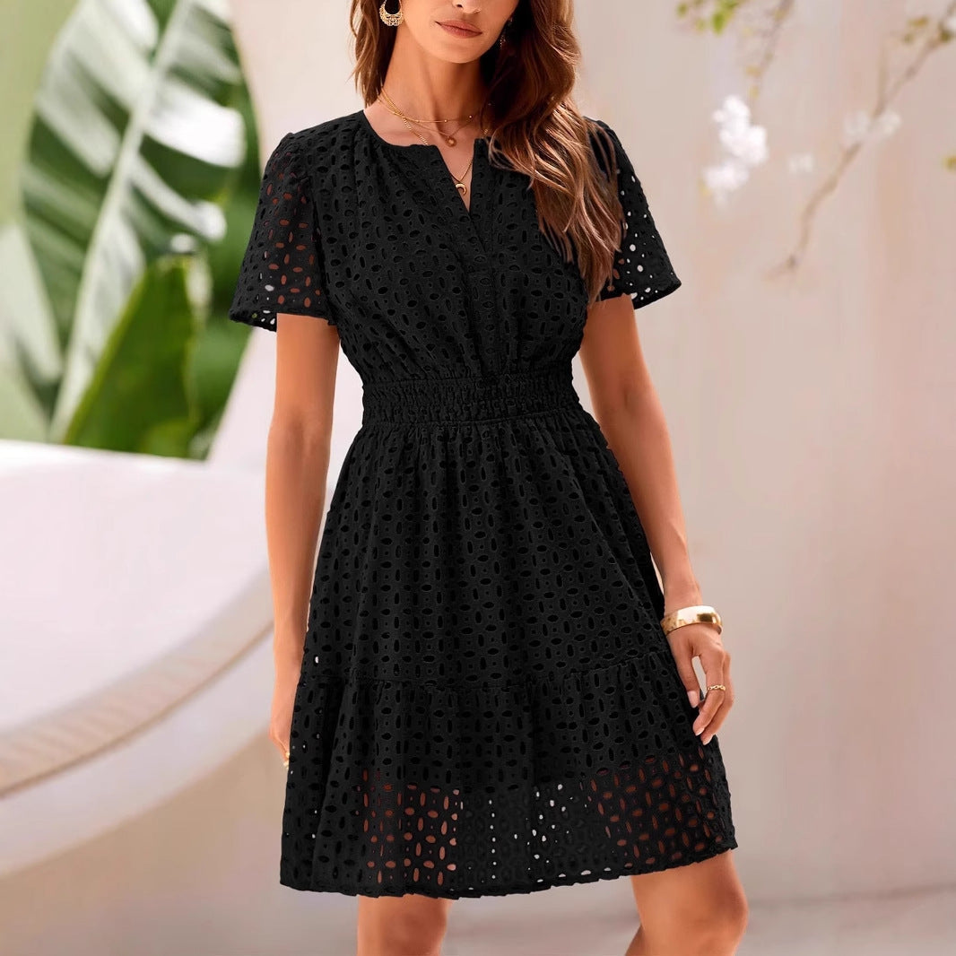 Women’s A-Line Dress – V-Neck – Eyelet Cotton Blend – Short Sleeve – Midi Length by Lumina Vancouver