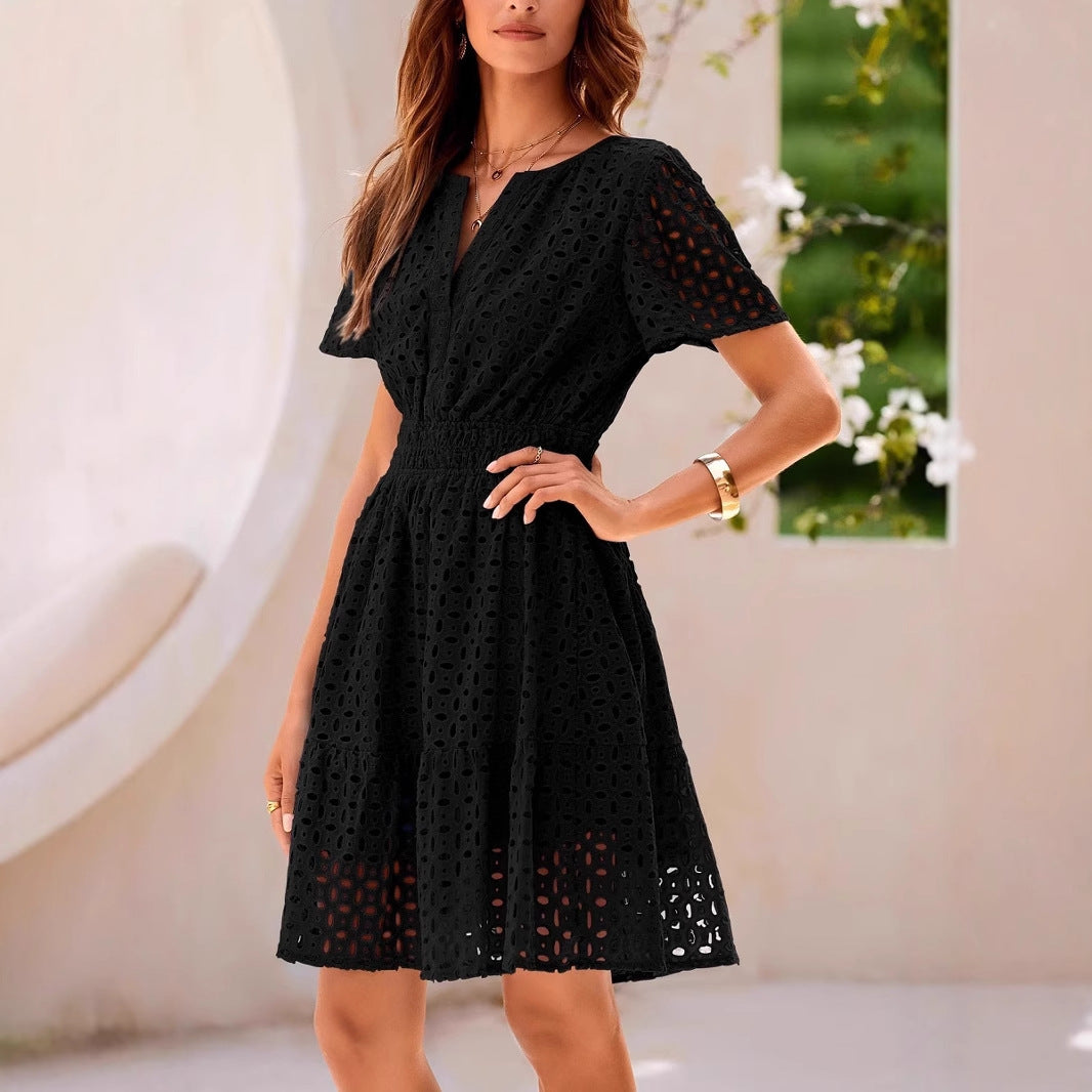 Women’s A-Line Dress – V-Neck – Eyelet Cotton Blend – Short Sleeve – Midi Length by Lumina Vancouver