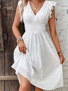 Women's A-Line Midi Dress - Eyelet Embroidery - V-Neck - Ruffle Cap Sleeve - Smocked Waist by Lumina Vancouver