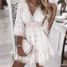 Women's V-Neck Dress - Embroidered Boho Style - Lace Trim - Tiered Skirt by Lumina Vancouver