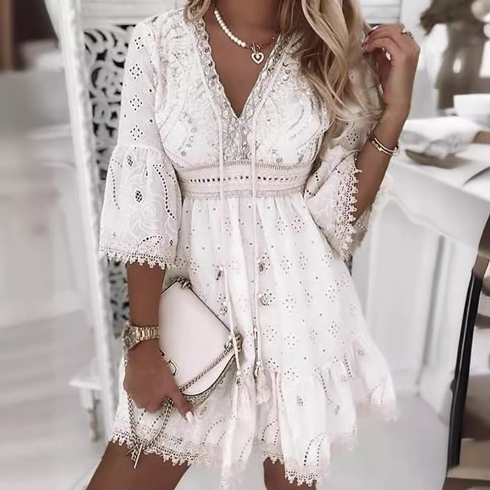 Women's V-Neck Dress - Embroidered Boho Style - Lace Trim - Tiered Skirt by Lumina Vancouver