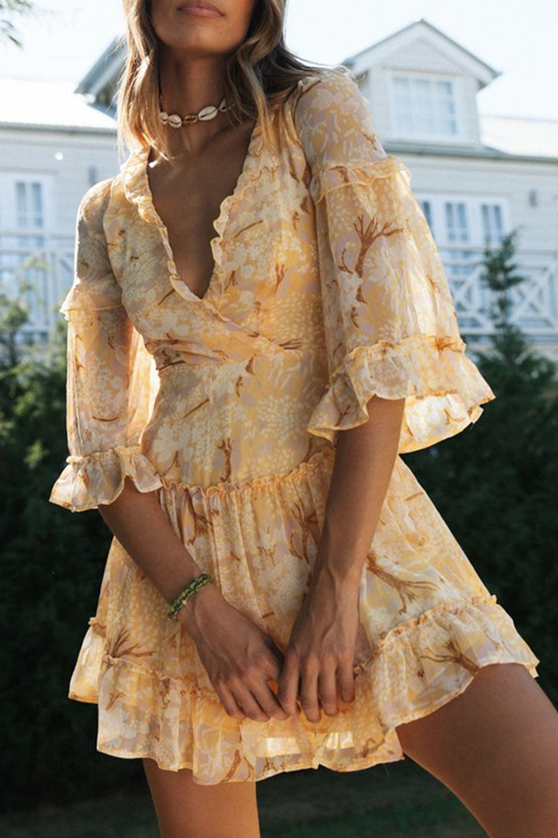 Women's V-Neck Dress - Floral Print - Bell Sleeves - Lightweight Flowy Fit by Lumina Vancouver