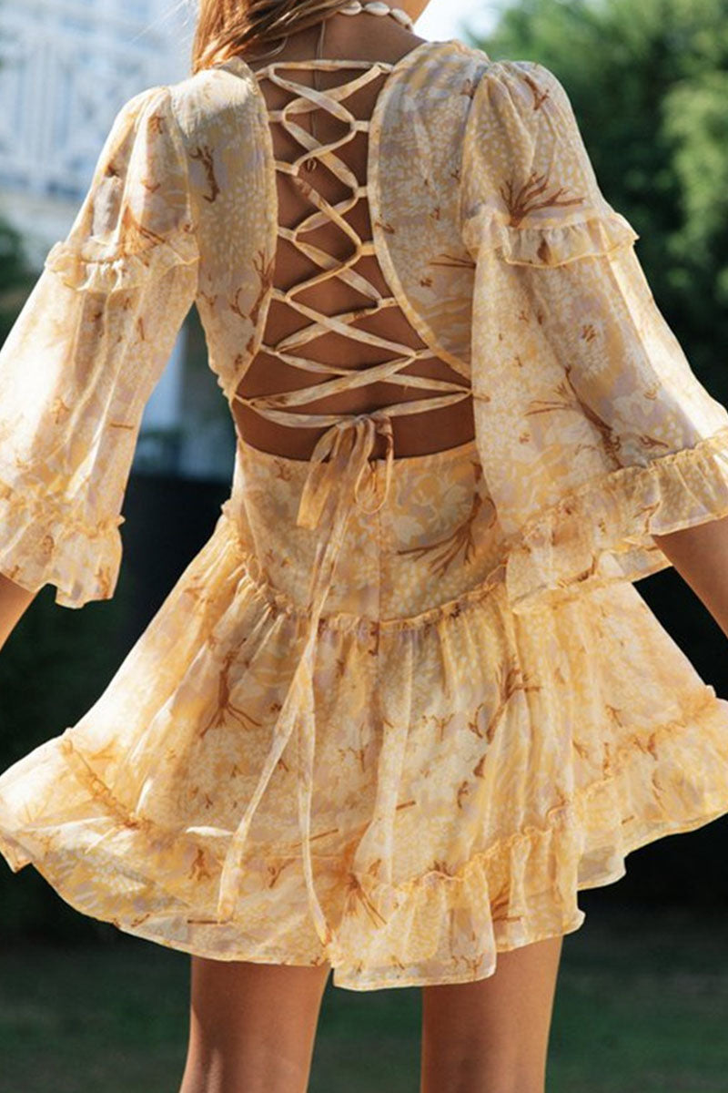 Women's V-Neck Dress - Floral Print - Bell Sleeves - Lightweight Flowy Fit by Lumina Vancouver