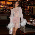 Women's Sequin Mini Dress - Fitted Silhouette - Long Sleeve with Feather Cuffs by Lumina Vancouver