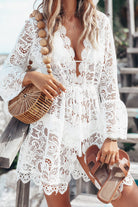 Women's Lace Cover-Up - Sheer V-Neck - Long Bell Sleeve - Boho Beachwear by Lumina Vancouver