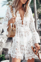 Women's Lace Cover-Up - Sheer V-Neck - Long Bell Sleeve - Boho Beachwear by Lumina Vancouver