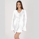 Women’s Mini Dress – Slim Fit – V-Neck – Ruffle Front – Bell Sleeves – Flared Skirt by Lumina Vancouver