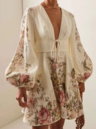 Women's Floral Dress - V-Neck - Cinched Waist Tie - Long Balloon Sleeves - Mini Length by Lumina Vancouver