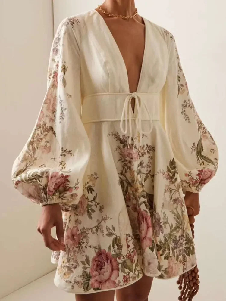 Women's Floral Dress - V-Neck - Cinched Waist Tie - Long Balloon Sleeves - Mini Length by Lumina Vancouver