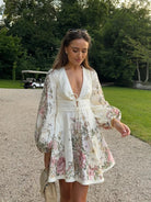 Women's Floral Dress - V-Neck - Cinched Waist Tie - Long Balloon Sleeves - Mini Length by Lumina Vancouver