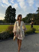 Women's Floral Dress - V-Neck - Cinched Waist Tie - Long Balloon Sleeves - Mini Length by Lumina Vancouver