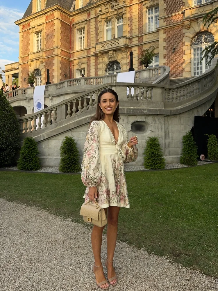 Women's Floral Dress - V-Neck - Cinched Waist Tie - Long Balloon Sleeves - Mini Length by Lumina Vancouver