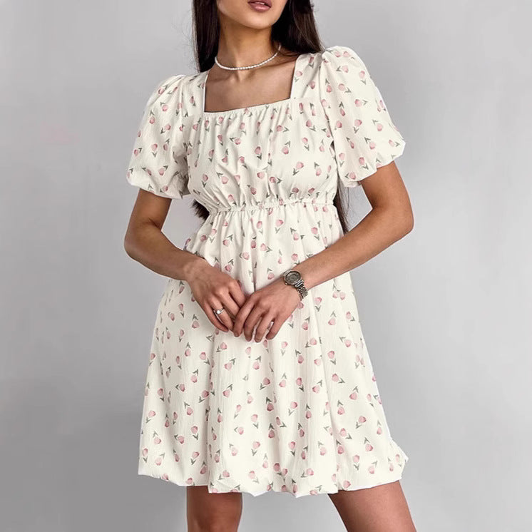 Women’s A-Line Dress – Square Neck – Puff Sleeves – Floral Mini – Fitted Waist by Lumina Vancouver