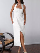 Women's Halter Neck Maxi Dress - Sleeveless Button-Down - Side Slit Elegant Fit by Lumina Vancouver