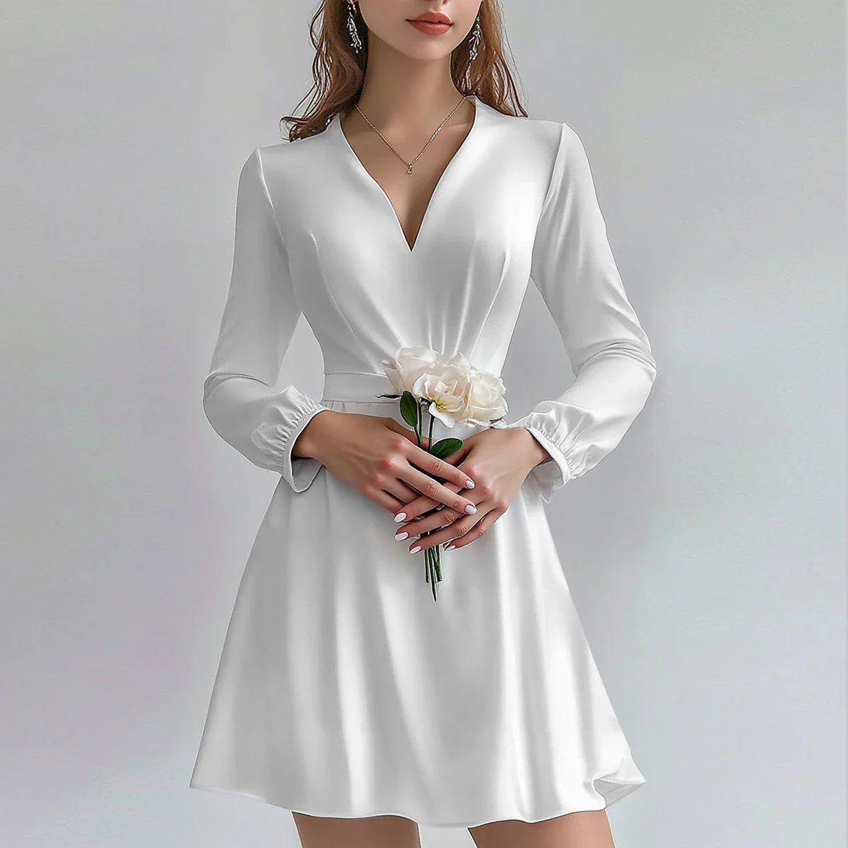 Women’s Mini Dress – Satin A-Line – Deep V-Neck – Long Sleeve – Ruched Waist by Lumina Vancouver