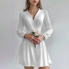 Women’s Mini Dress – Satin A-Line – Deep V-Neck – Long Sleeve – Ruched Waist by Lumina Vancouver