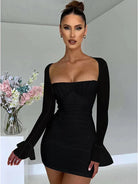Women's Mini Dress - Bodycon Fit - Sweetheart Neckline - Sheer Long Sleeves - Ruched Design by Lumina Vancouver