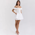 Women’s Off-Shoulder Dress – A-Line Fit – Ruffled Neckline – Lace Trim – Bow Front by Lumina Vancouver