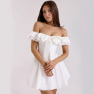 Women’s Off-Shoulder Dress – A-Line Fit – Ruffled Neckline – Lace Trim – Bow Front by Lumina Vancouver