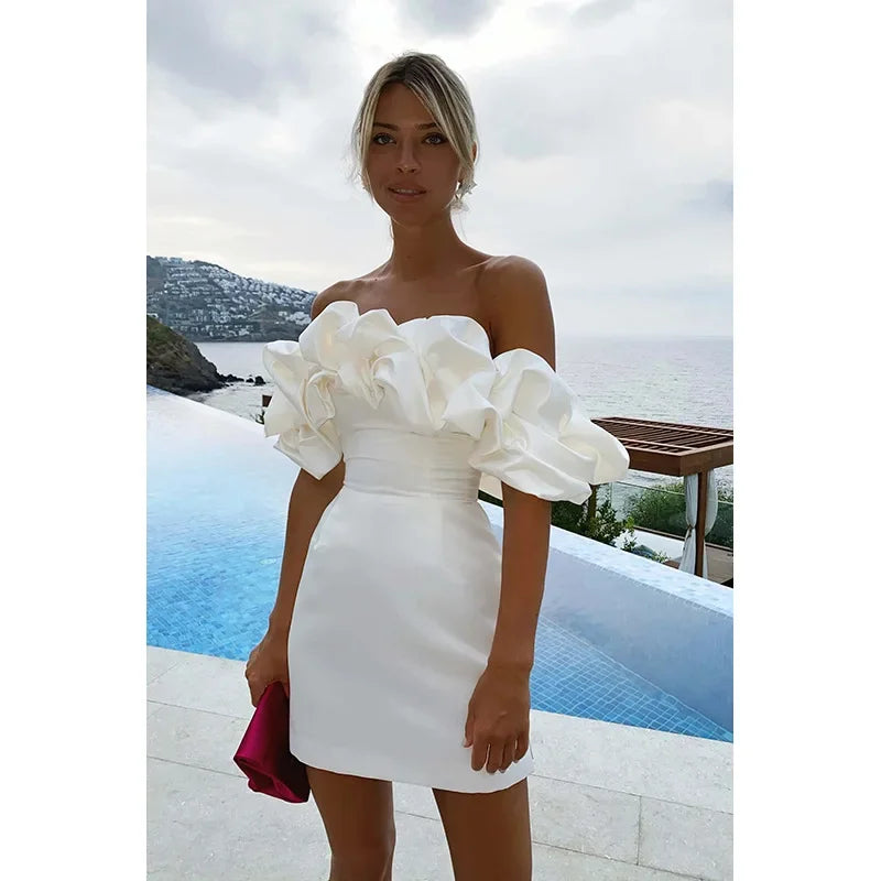 Women’s Mini Dress – Satin Fabric – Tailored Fit – Off-Shoulder Ruffle Sleeves by Lumina Vancouver