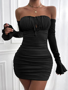 Women's Mini Dress - Off-the-Shoulder - Long Sleeve Bodycon - Ruched Tie Detail by Lumina Vancouver
