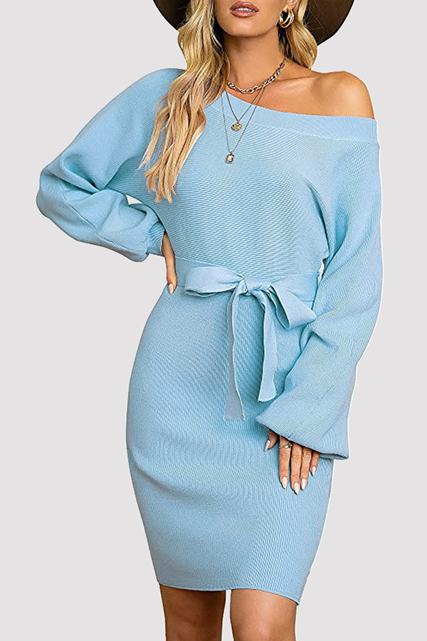 Women's Knit Sweater Dress - Ribbed Texture - Long Sleeve - Self-Tie Waist Belt by Lumina Vancouver