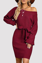 Women's Knit Sweater Dress - Ribbed Texture - Long Sleeve - Self-Tie Waist Belt by Lumina Vancouver