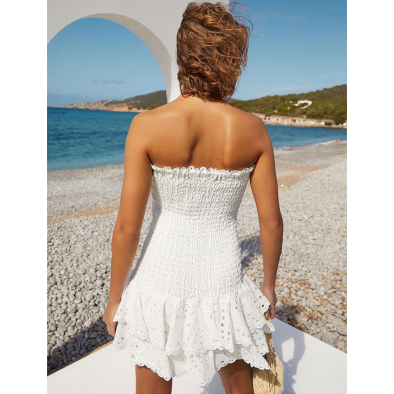 Women's Strapless Mini Dress - Shirred Bodice - Sweetheart Neckline - Ruffled Hem by Lumina Vancouver