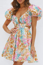 Women's A-Line Dress - Plunging Neckline - Puff Sleeves - Cinched Waist - Knee-Length by Lumina Vancouver