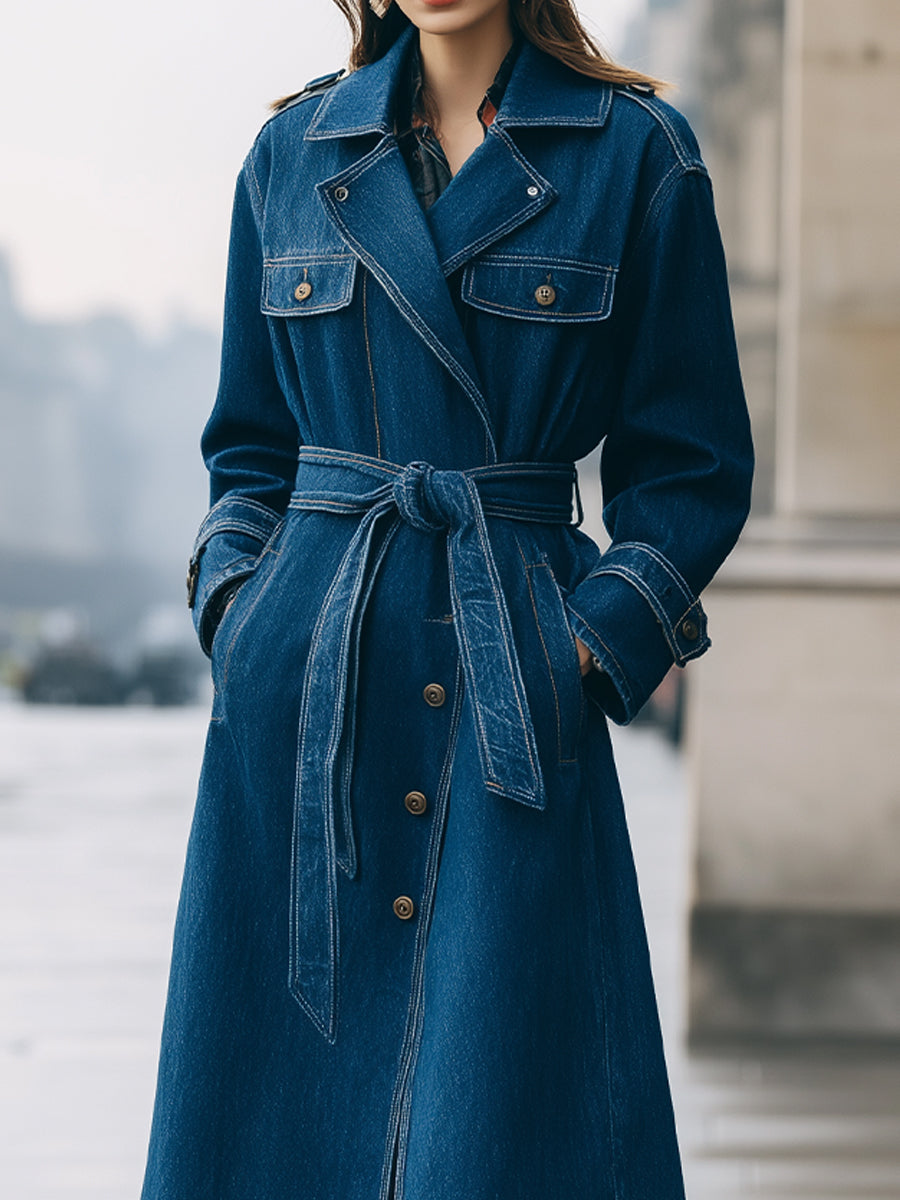 Elena | Longline Denim Trench Coat with Belt - Lumina Vancouver - Lumina Vancouver